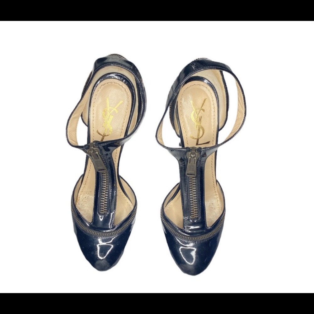ISO YSL black patent and gold ankle strap round toe zipper detail high heels